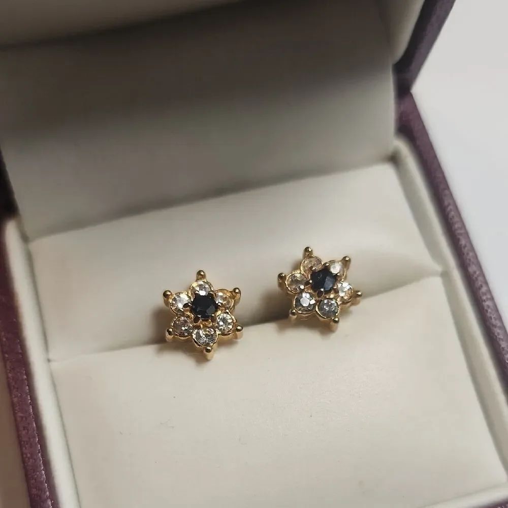 Gold Tone Floral Stud Earrings With Sapphire Center Stone Cz Clear Stones